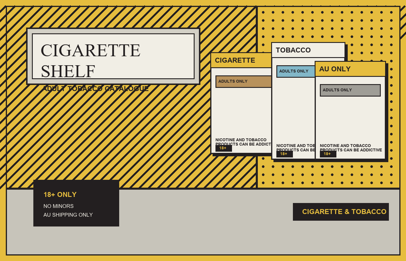 Graphic adult cigarette and tobacco shelf with Australia-only warning panels